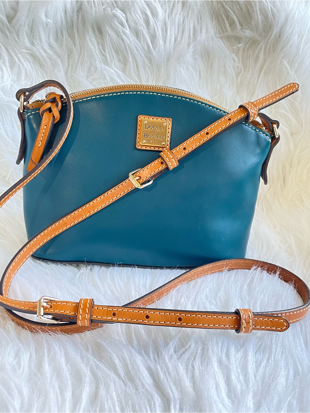Dooney & Bourke Teal Leather Crossbody with Tan Trim and Gold Hardware